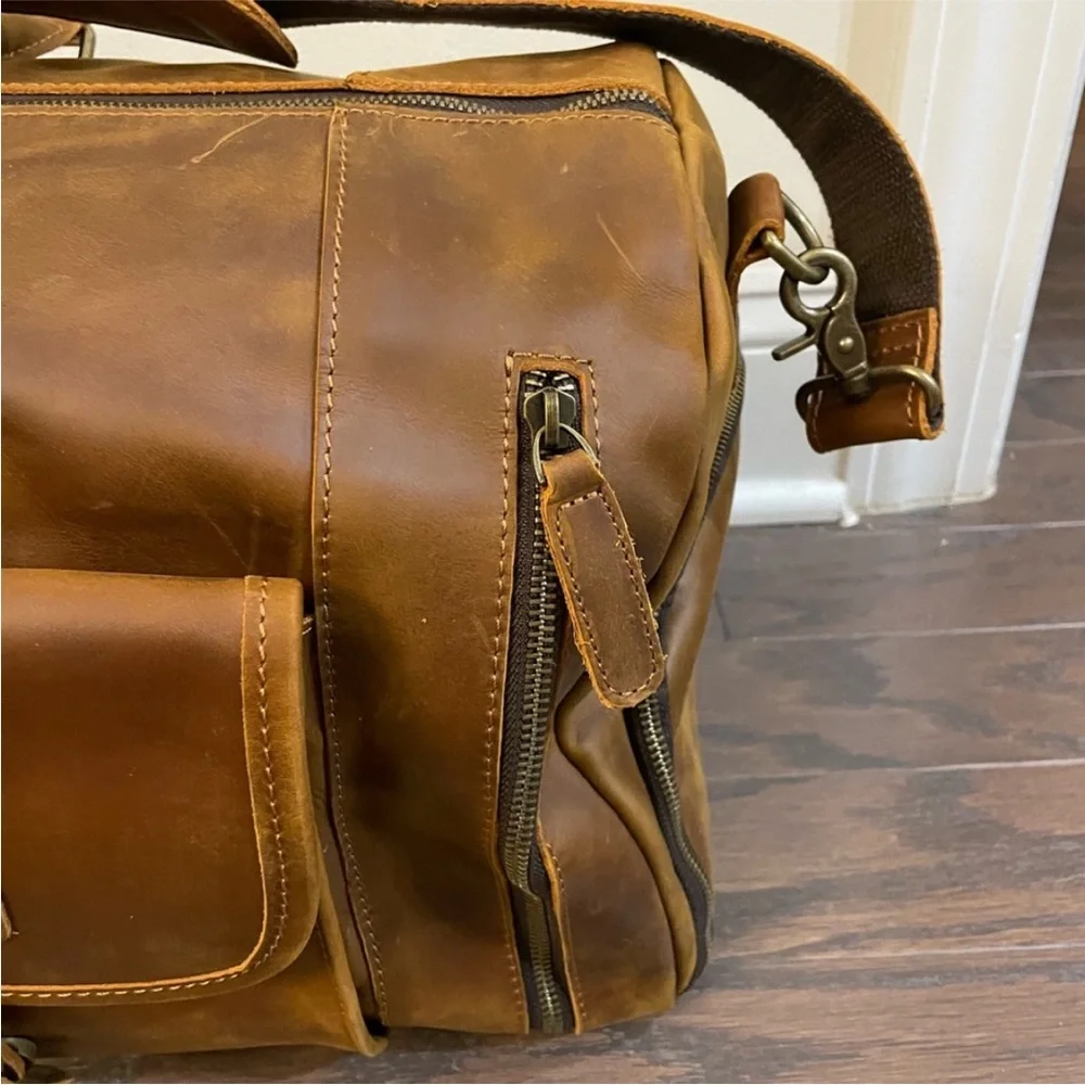 COGNAC LEATHER WEEKEND TRAVEL DUFFLE BAG LARGE